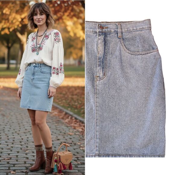 Bill Blass VTG Boho Chic Knee Length Light Denim Jean Skirt SZ 14 *Fits Like Med - Picture 3 of 10